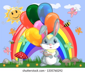 Cute cartoon bunny with an armful of balls on a glade near the rainbow. Spring, love, postcard