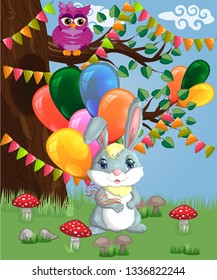 Cute cartoon bunny with an armful of balls in a forest glade. Spring, love, postcard