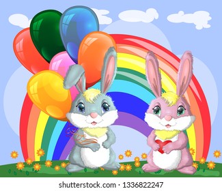 Cute cartoon bunny with an armful of balls and a bunny girlfriend in a meadow near the rainbow. Spring, love, postcard