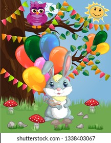 Cute cartoon bunny with an armful of balls in a forest glade. Spring, love, postcard