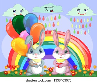 Cute cartoon bunny with an armful of balls and a bunny girlfriend in a meadow near the rainbow. Spring, love, postcard