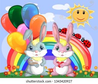 Cute cartoon bunny with an armful of balls and a bunny girlfriend in a meadow near the rainbow. Spring, love, postcard
