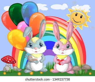Cute cartoon bunny with an armful of balls and a bunny girlfriend in a meadow near the rainbow. Spring, love, postcard