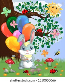 Cute cartoon bunny with an armful of balls in a forest glade. Spring, love, postcard