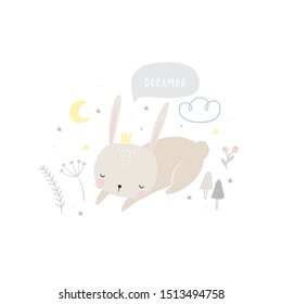 Cute cartoon bunny baby sleeping. Windy poster for Baby shower with a cute sleeping bunny character. A wonderful print for the decor of a children's bedroom.