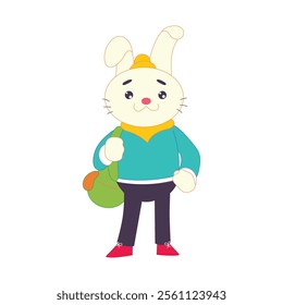 Cute cartoon bunny with a backpack, smiling and ready for school, perfect for education themes.