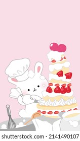 Cute Cartoon Bunny Baking A Cake Or Strawberry Shortcake. Celebration Of Valentine's Day Or Love Greeting Message, Love Card For Valentine's Day Or Birthday Party Card. Happy Birthday Cake Card.