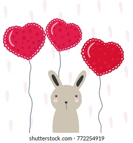 Cute cartoon bunny with balloons hearts. Vector hand drawn illustration.
