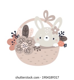Cute cartoon Bunny in basket with a blooming bouquet of flowers. Creative Easter illustration with rabbit. Festive Animal in boho style. Ideal for room decoration, clothing, prints, anniversary