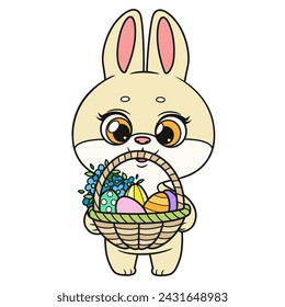 Cute cartoon bunny with basket with Easter decorated eggs color variation on a white background. Image produced without the use of any form of AI software at any stage