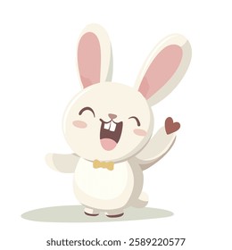 Cute cartoon bunny with big ears and cheerful expression, waving with heart. Perfect for children illustrations or festive designs