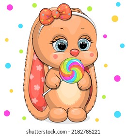 Cute cartoon bunny with a big lollipop. Animal vector illustration on white background with colorful dots.