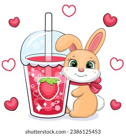 Cute cartoon bunny with a big strawberry drink. Vector illustration of an animal and a cup of red water on a white background with red hearts.