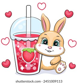 Cute cartoon bunny with a big strawberry drink. Vector illustration of animal and a cup of red water on a white background with red hearts.
