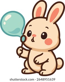 A cute cartoon bunny blowing bubbles. Fun, cheerful and colorful animal character design for kids, greeting cards, or playful illustrations.