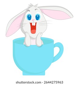 Cute cartoon bunny with blue eyes sitting inside a light blue cup. White background. Vector illustration for children's design, Easter, or greeting cards.