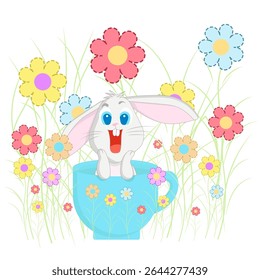 Cute cartoon bunny with blue eyes sitting in a blue cup, surrounded by colorful flowers on a white background. Vector illustration for spring, Easter, or children's designs.