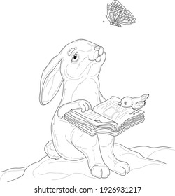 Cute cartoon bunny with book, small bird and butterfly template sketch. Graphic animals vector illustration in black and white for games, background, pattern, decor. Coloring paper, page, story book. 