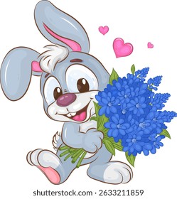 Cute cartoon Bunny with a bouquet of flowers. Positive and unique design. Children's illustration.
