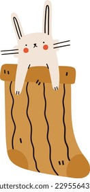 Cute cartoon bunny in brown sock. Vector illustration.