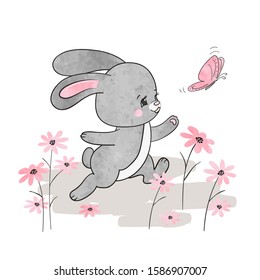 Cute cartoon bunny with butterfly. Birthday or Easter card design.