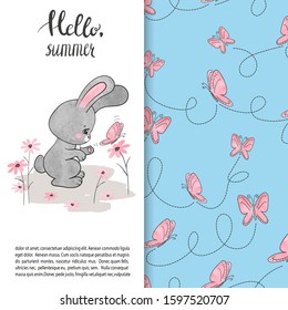 Cute cartoon bunny with butterfly pattern. Baby print.