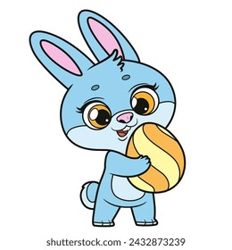 Cute cartoon bunny carries a large beautiful Easter egg in his paws color variation. Image produced without the use of any form of AI software at any stage
