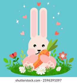 Cute cartoon bunny with carrot. Funny geometric rabbit who likes carrot very much, flat vector illustration.