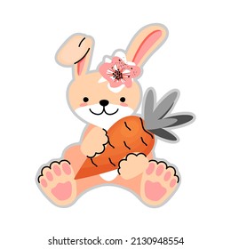 Cute cartoon bunny with a carrot in its paws.Sitting animal character with paws, ears, a flower on his head isolated on a white background.Vector illustration for baby, design card,kids apparel,print.