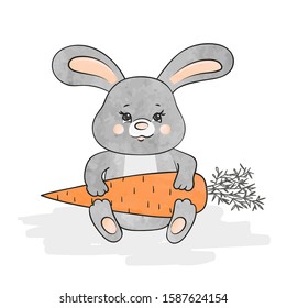 Cute cartoon bunny with carrot. Vector illustration of baby rabbit.