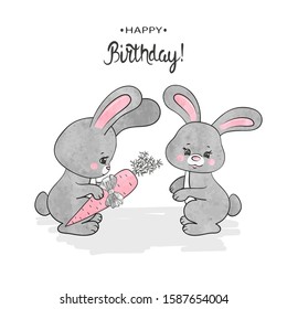Cute cartoon bunny with carrot vector illustration. Birthday or Easter card design.