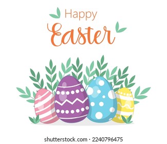 Conejo de dibujos animados con zanahorias y huevos de Pascua