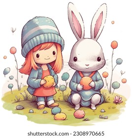 Cute cartoon bunny with carrots and Easter eggs
