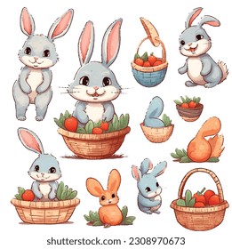 Cute cartoon bunny with carrots and Easter eggs