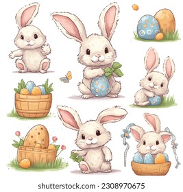 Cute Cartoon-Hase mit Karotten und Ostereiern