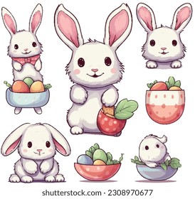 Cute cartoon bunny with carrots and Easter eggs