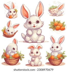 Cute cartoon bunny with carrots and Easter eggs