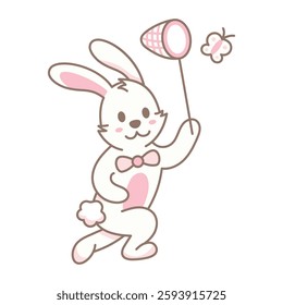 Cute Cartoon Bunny Catching a Butterfly Illustration