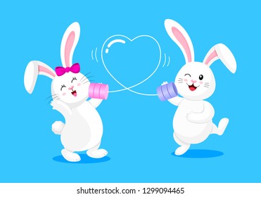 Cute Cartoon Bunny Character, Boy And Girl Talking On The Phone. Love Emotion, Happy Valentine's Day. Illustration Isolated On Blue Background.