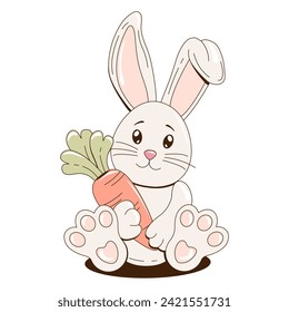 The cute cartoon bunny character in a flat style. A hand drawn vector illustration with a cute rabbit and carrot on a transparent background. Vintage sticker design.