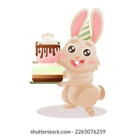 Cute cartoon bunny character. Happy birthday greeting card. Birthday cake andpresents, rabbit.