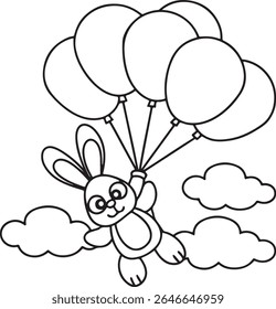 A cute cartoon bunny character is joyfully flying through the sky, holding onto a bunch of balloons, surrounded by fluffy clouds in this delightful line art illustration.