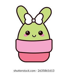 A cute cartoon bunny character in a pink and green pot.