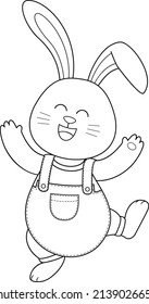 Cute cartoon bunny character smiling. Hare in casual outfit outline style. Vector illustration.