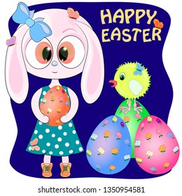cute cartoon bunny with chicken and easter egs. vector illustration. rabbit cartoon vector illustration. 