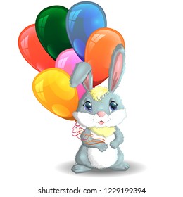 Cute cartoon bunny with colorful balloons isolated on white background