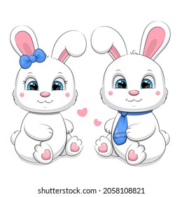 Cute cartoon bunny couple. Vector illustration of a boy with a bow tie and a girl with a hair bow on a white background.