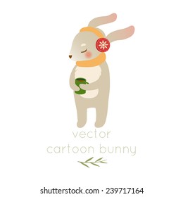 cute cartoon bunny with cup of tea and scarf on white background. can be used for greetings cards