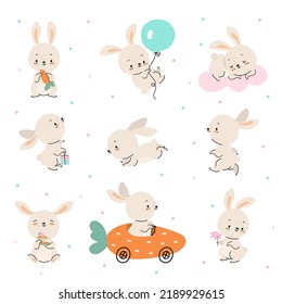 Cute cartoon bunny. Dancing rabbit, newborn baby funny animal stickers. Hare characters with carrot, sweet cake and balloon. Lovely nowaday vector bunnies