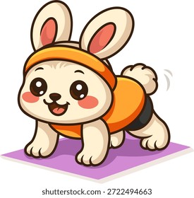 Lindo conejo de dibujos animados haciendo ejercicio de yoga de tablones en una estera.